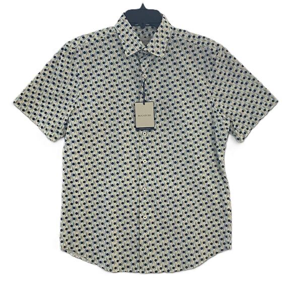 Bugatchi Shirt Men's Small Short Sleeve Shaped Fit Button-Up Cool Mint Geo NEW